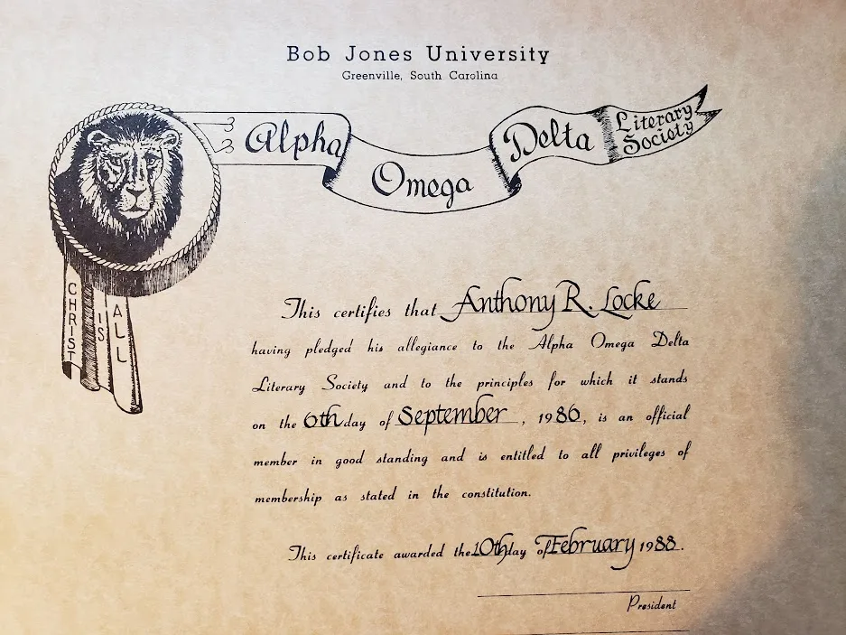 Bob Jones University Alpha Omega Delta certificate for Anthony R. Locke